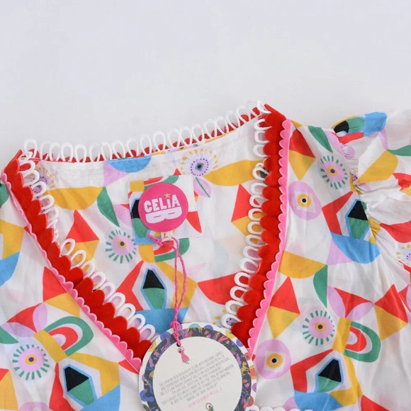 Celia B Gracia Dress White w Red Geometric Shape Deep V Tiered Scalloped Edge M - Picture 11 of 13